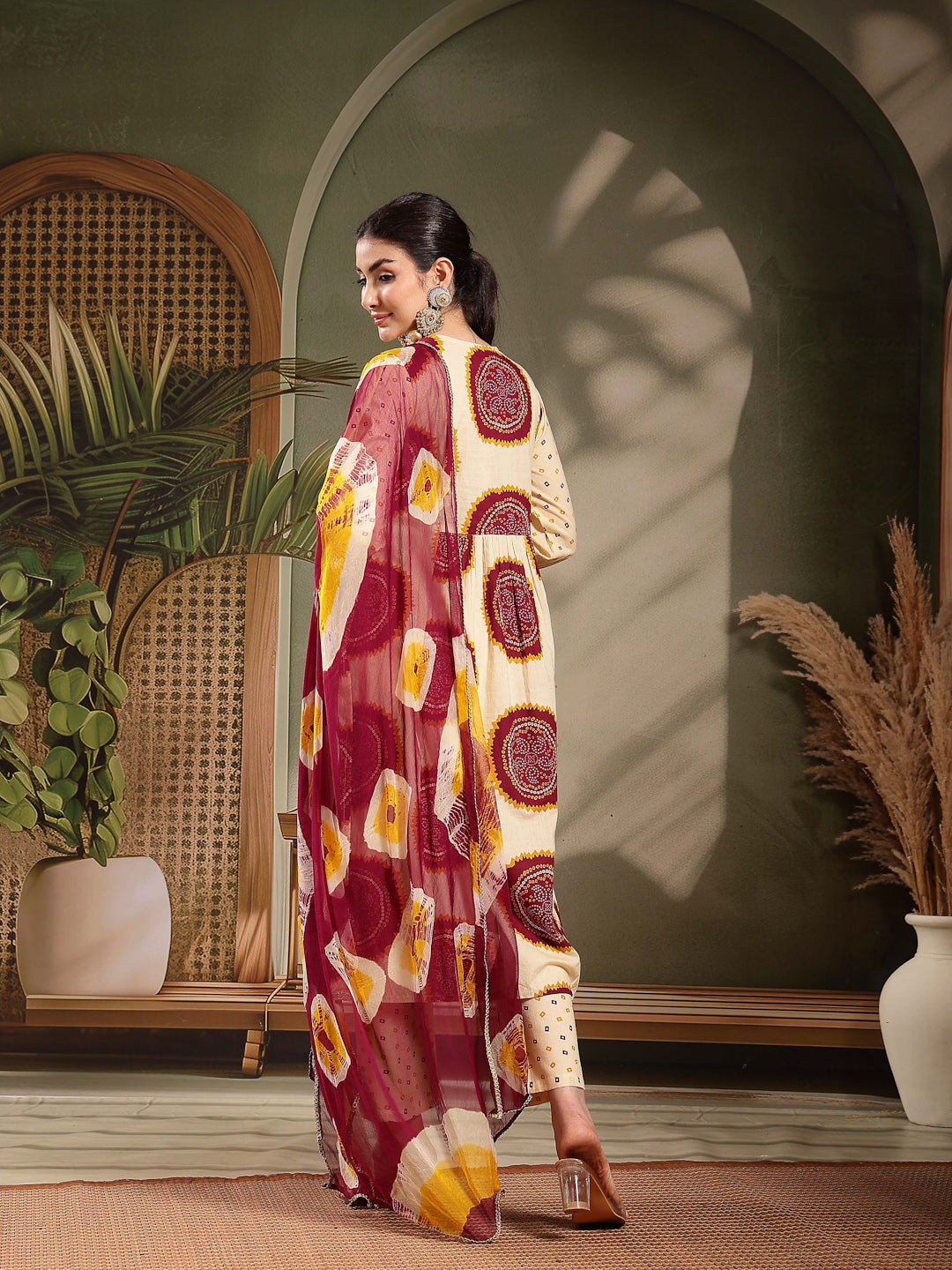 Women's Wine Bandhej Printed & Embroidered Cotton A-Line Kurta Pant Du
