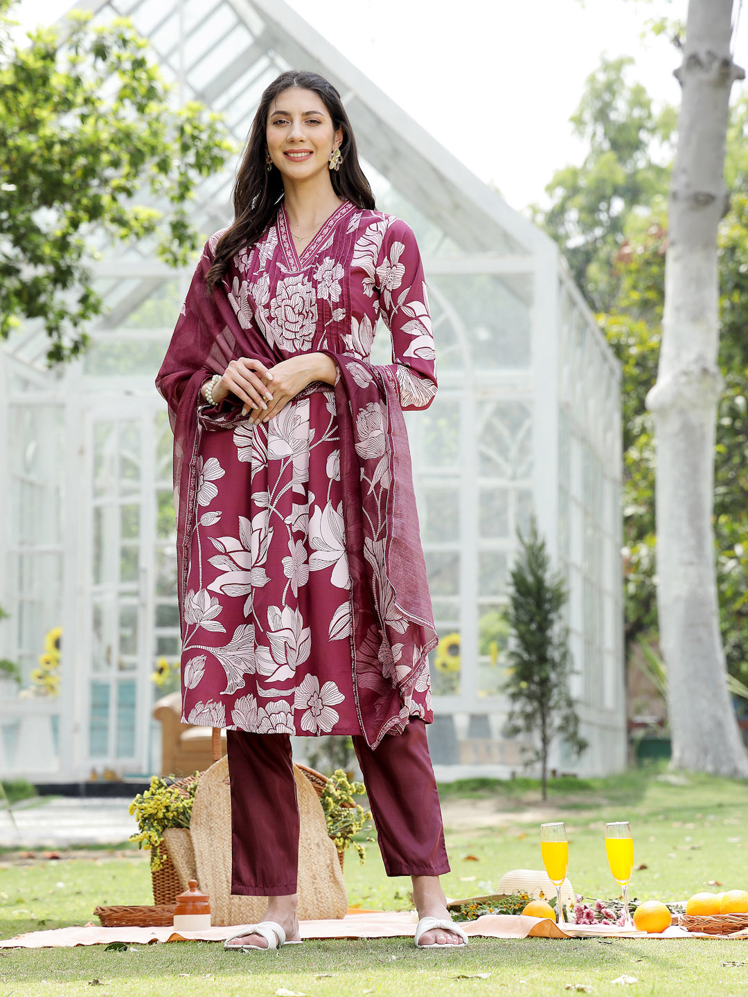 Women's Wine Floral Printed Rayon A-Line Kurta Pant Dupatta Set (KPDWI
