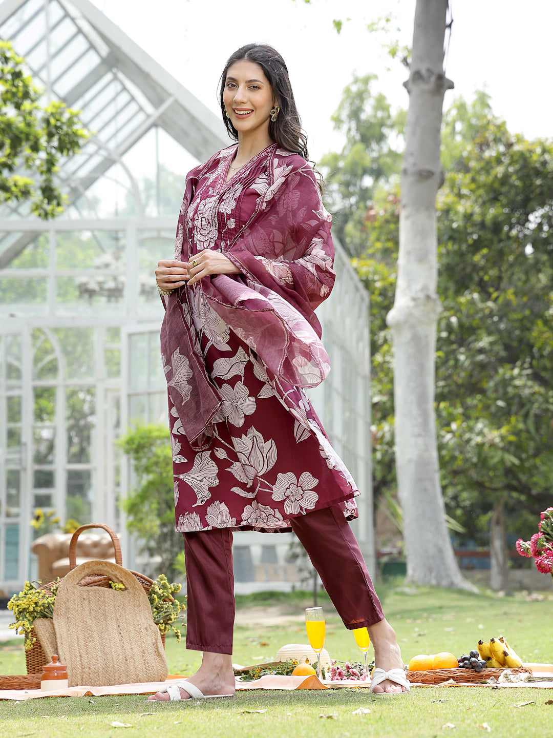 Women's Wine Floral Printed Rayon A-Line Kurta Pant Dupatta Set (KPDWI