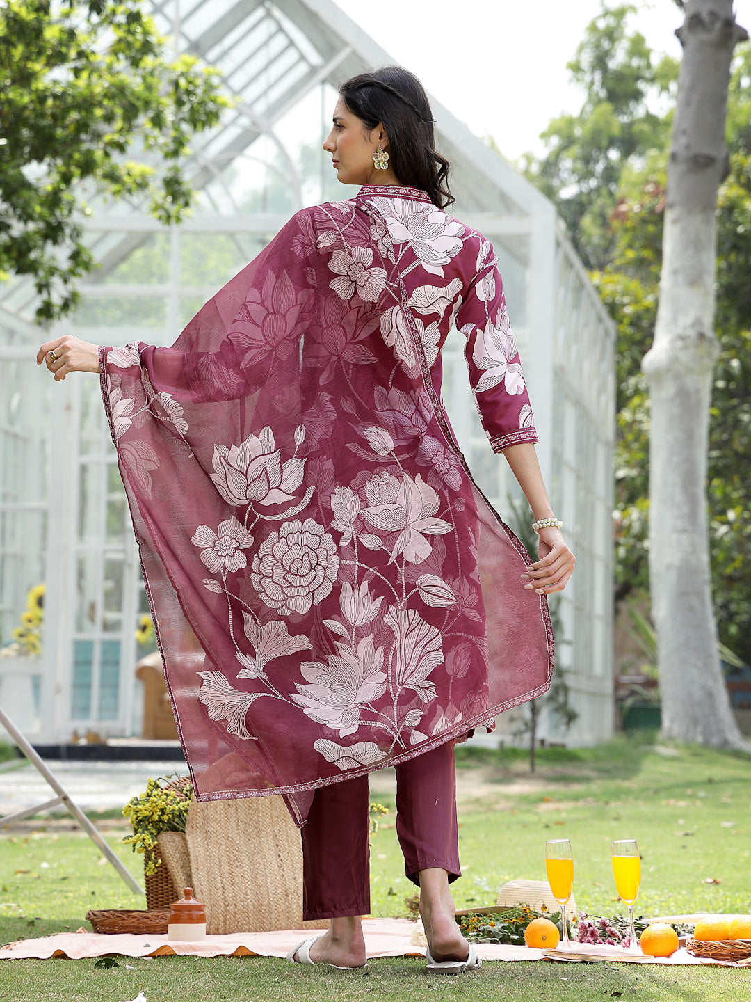 Women's Wine Floral Printed Rayon A-Line Kurta Pant Dupatta Set (KPDWI