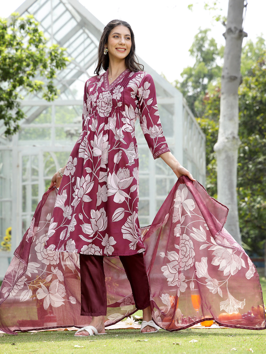 Women's Wine Floral Printed Rayon A-Line Kurta Pant Dupatta Set (KPDWI