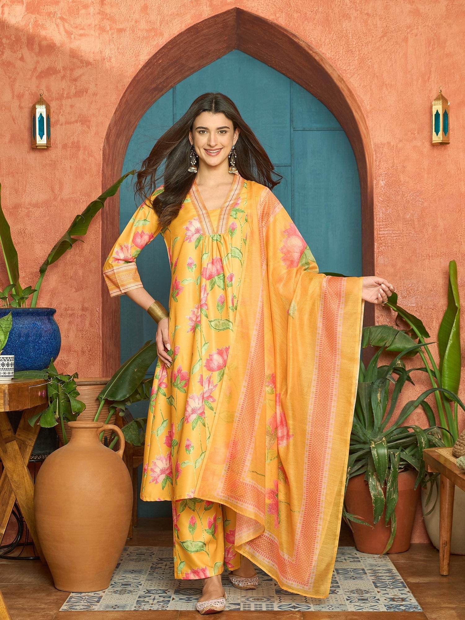 Women's Yellow Floral Printed Rayon Anarkali Kurta Pant Dupatta Set (K