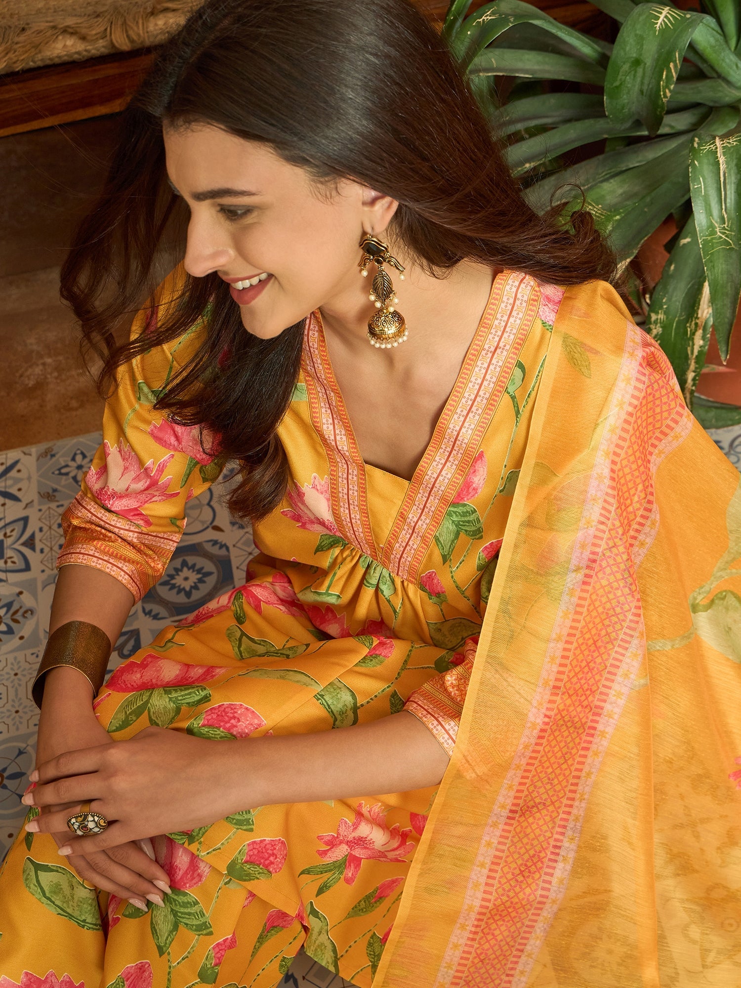 Women's Yellow Floral Printed Rayon Anarkali Kurta Pant Dupatta Set (K