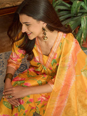 Stylum Women's Yellow Floral Printed Rayon Anarkali Kurta Pant Dupatta Set (KPDYELLOWEMOLI)
