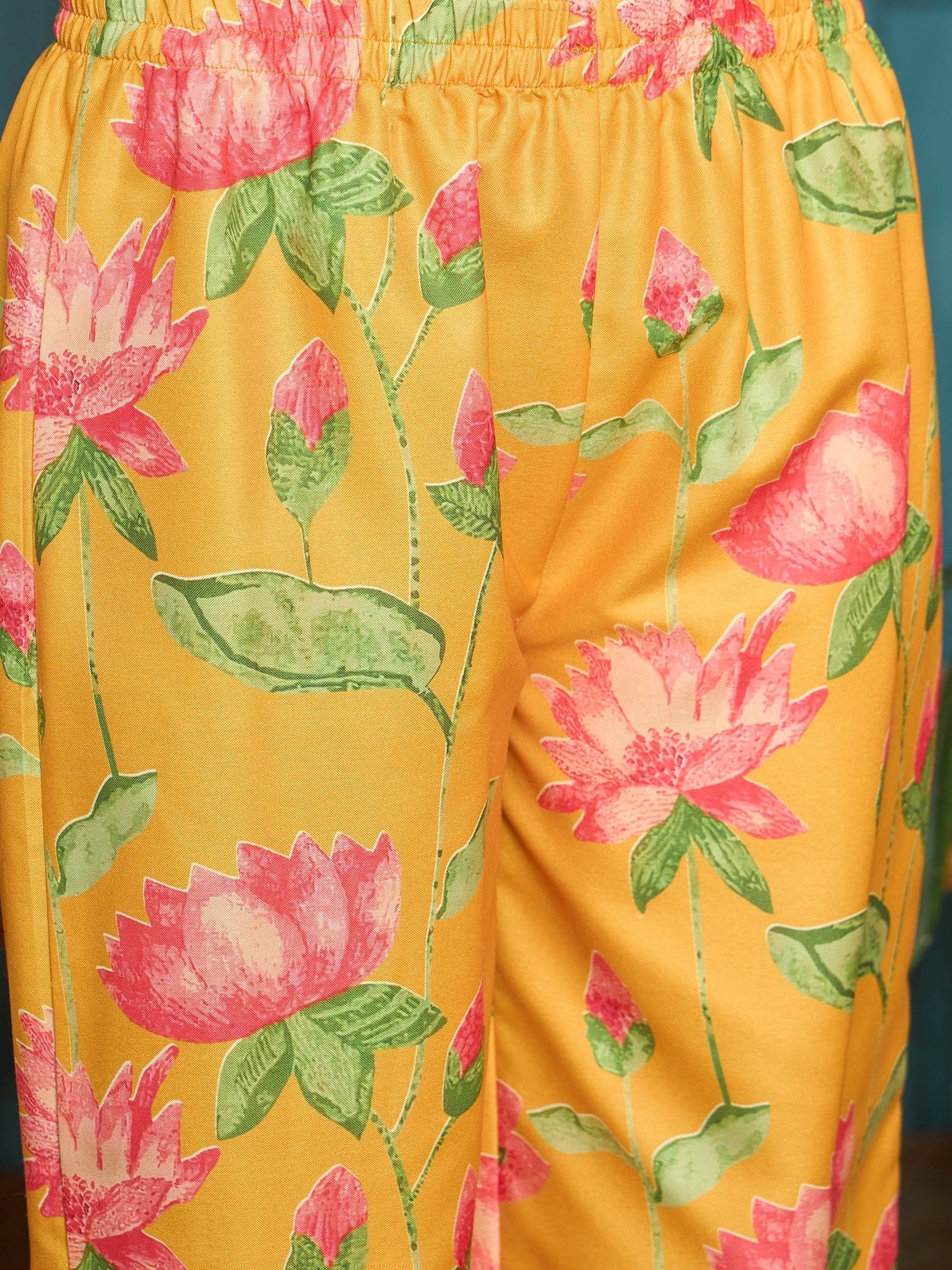 Women's Yellow Floral Printed Rayon Anarkali Kurta Pant Dupatta Set (K