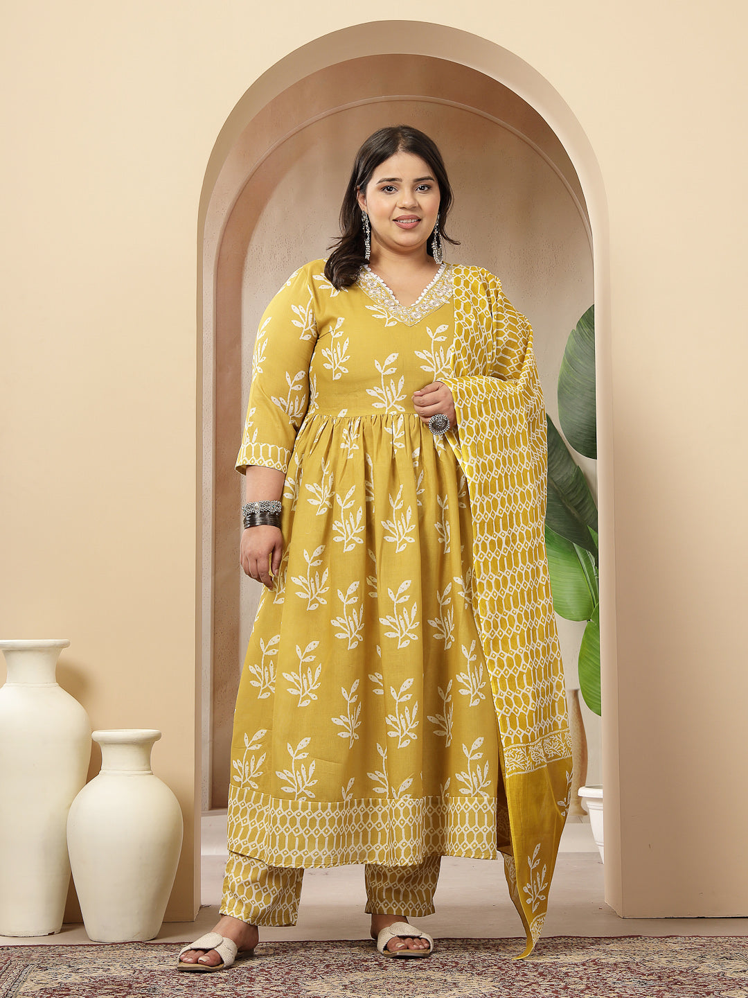 Women's Plus Size Yellow Floral Printed Cotton Anarkali Kurta Pant Dup