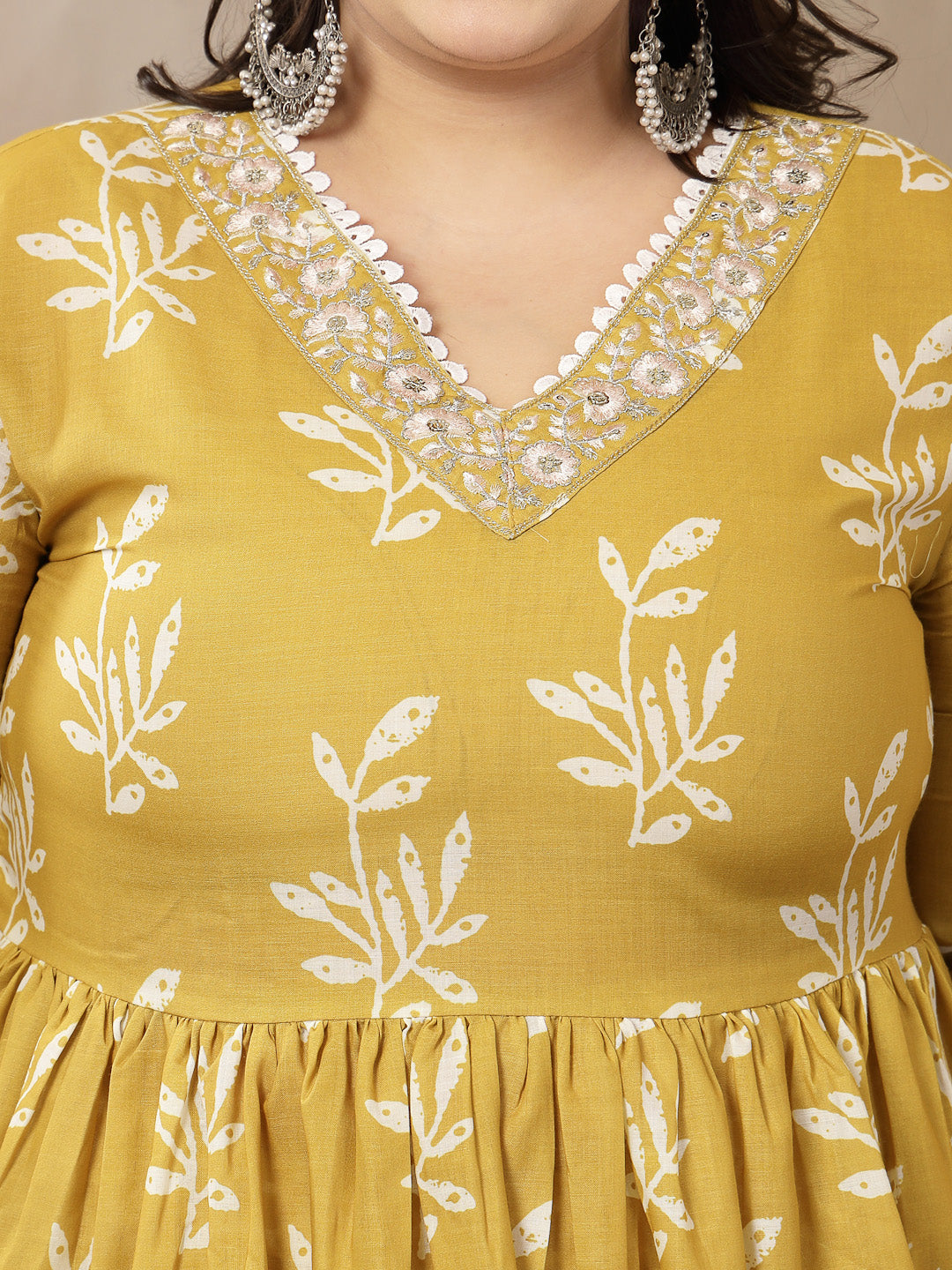 Women's Plus Size Yellow Floral Printed Cotton Anarkali Kurta Pant Dup