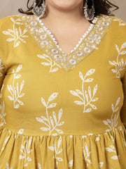 Stylum Women's Plus Size Yellow Floral Printed Cotton Anarkali Kurta Pant Dupatta Set (KPDYELLOWMANIPLUS)