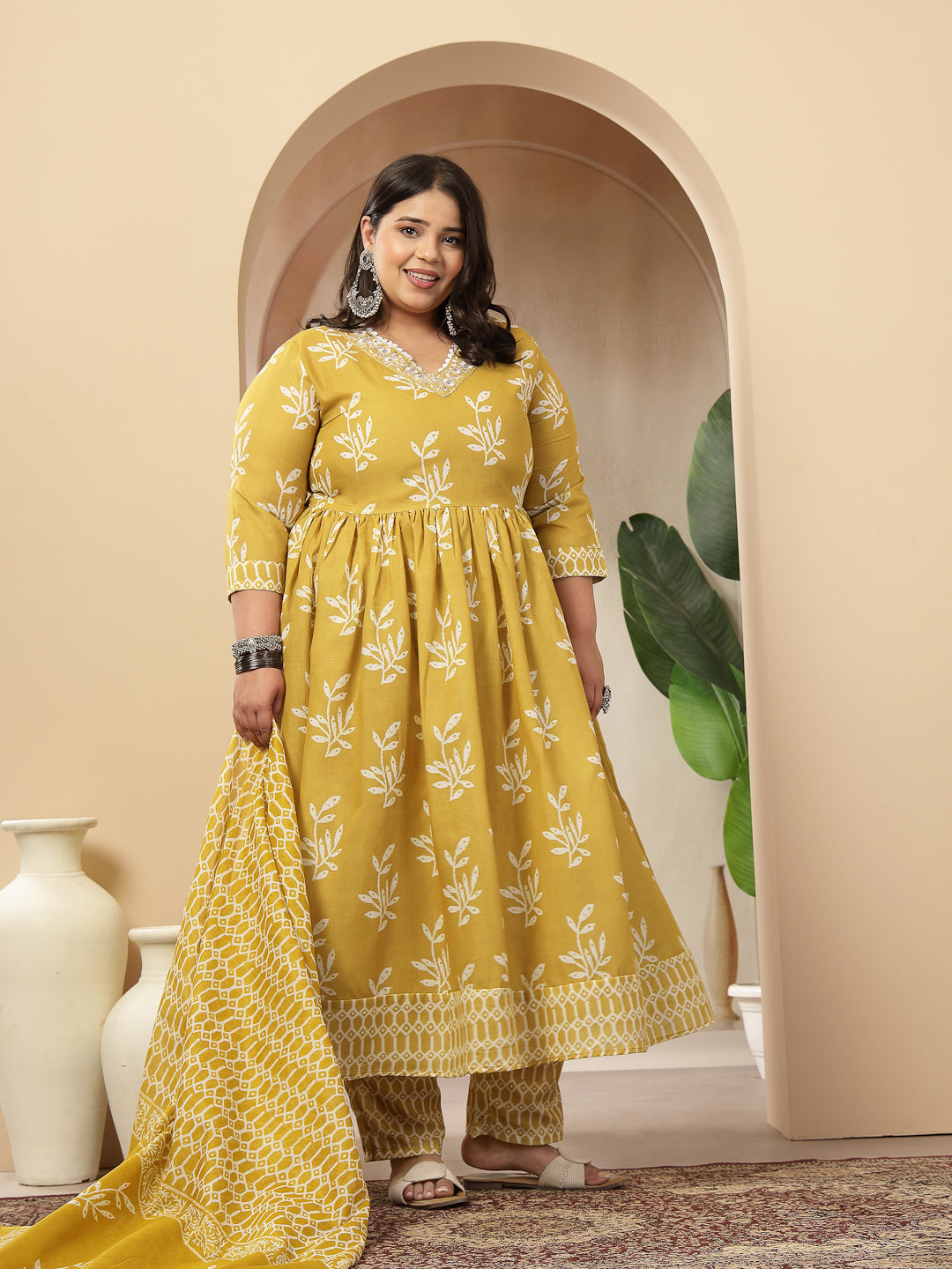 Women's Plus Size Yellow Floral Printed Cotton Anarkali Kurta Pant Dup