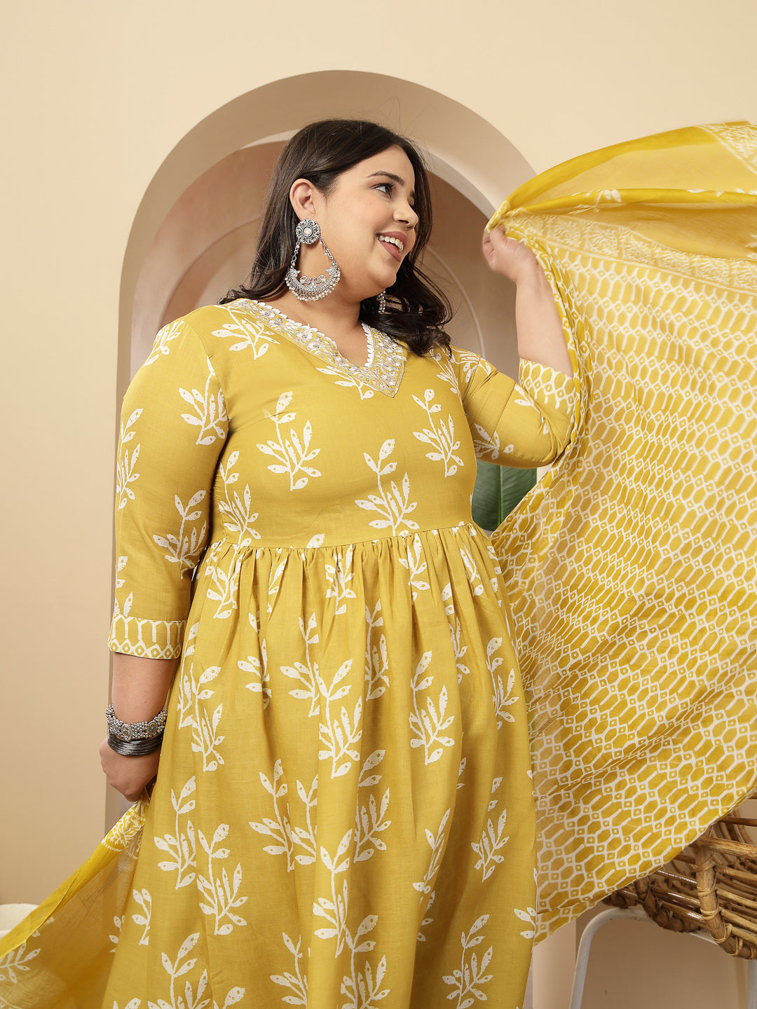 Women's Plus Size Yellow Floral Printed Cotton Anarkali Kurta Pant Dup
