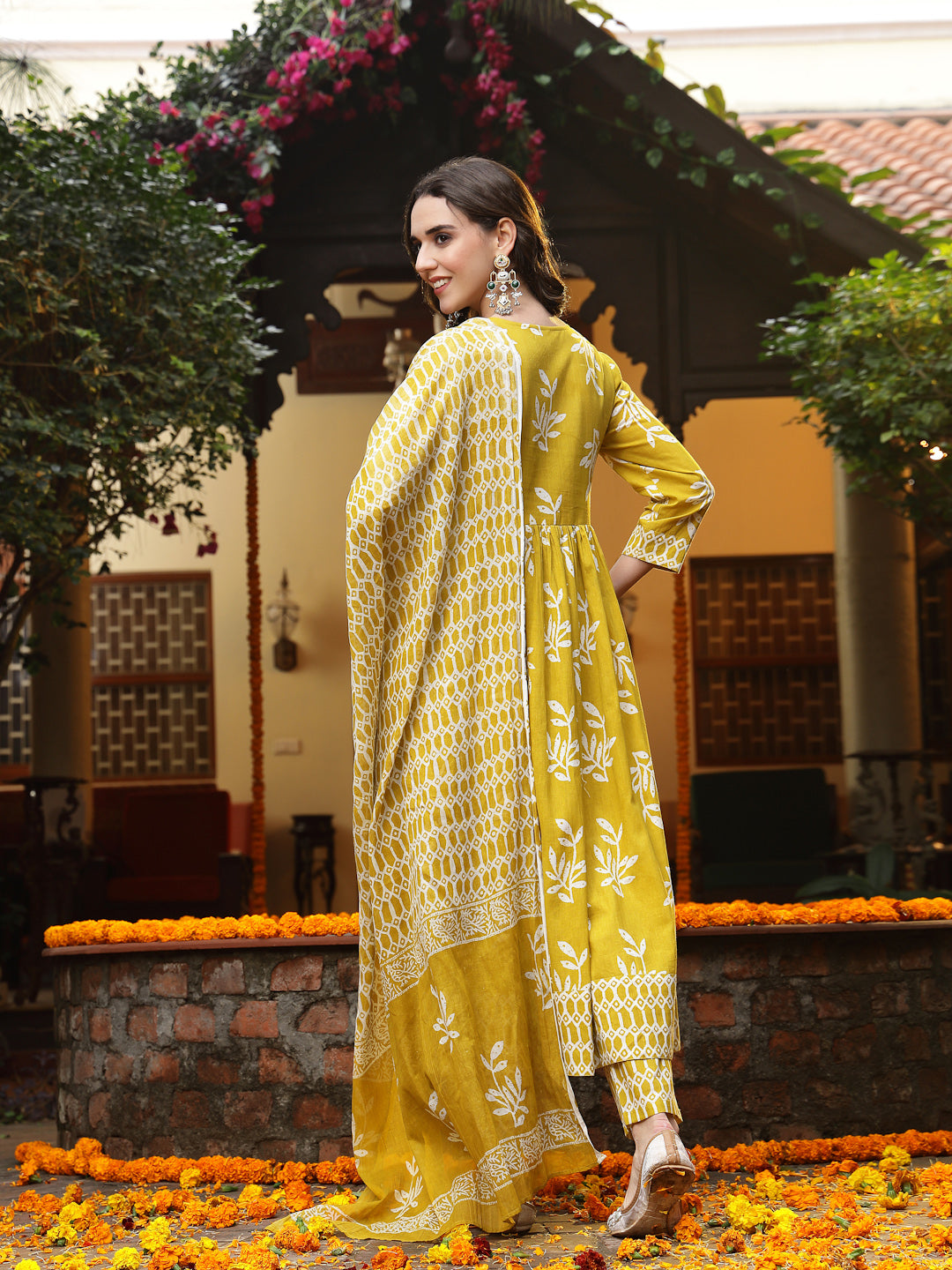 Women's Yellow Floral Printed Cotton Anarkali Kurta Pant Dupatta Set (