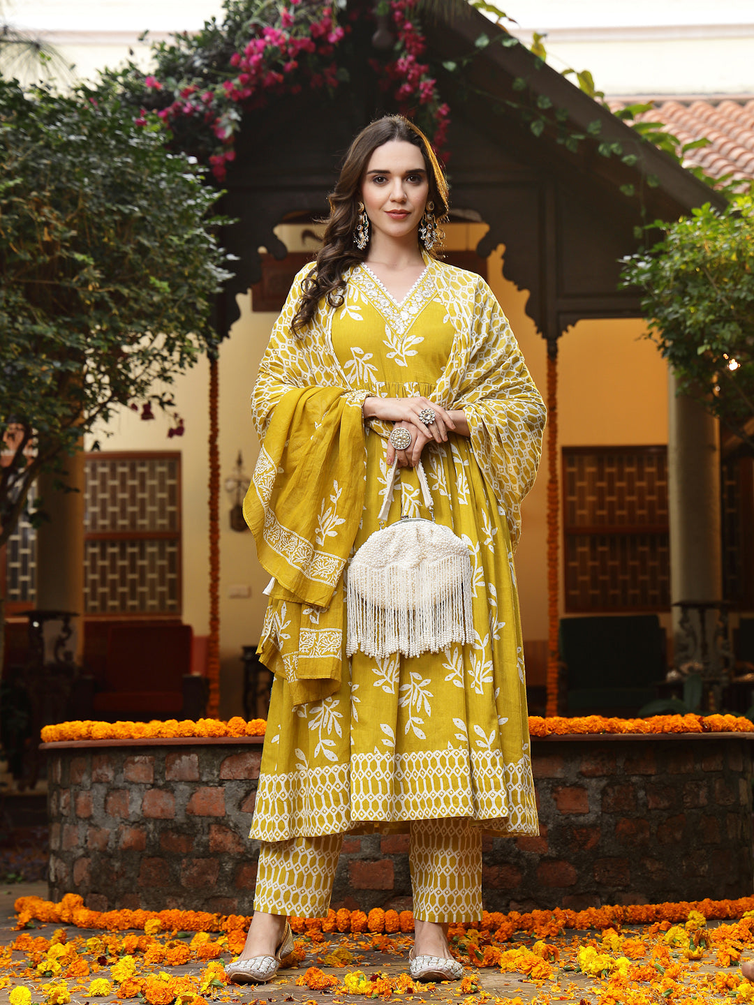Women's Yellow Floral Printed Cotton Anarkali Kurta Pant Dupatta Set (