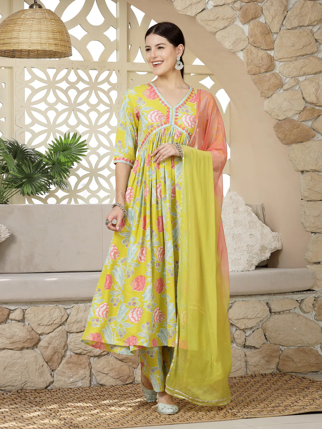 Yellow Floral Printed Alia Cut Women's Kurta Set with Dupatta