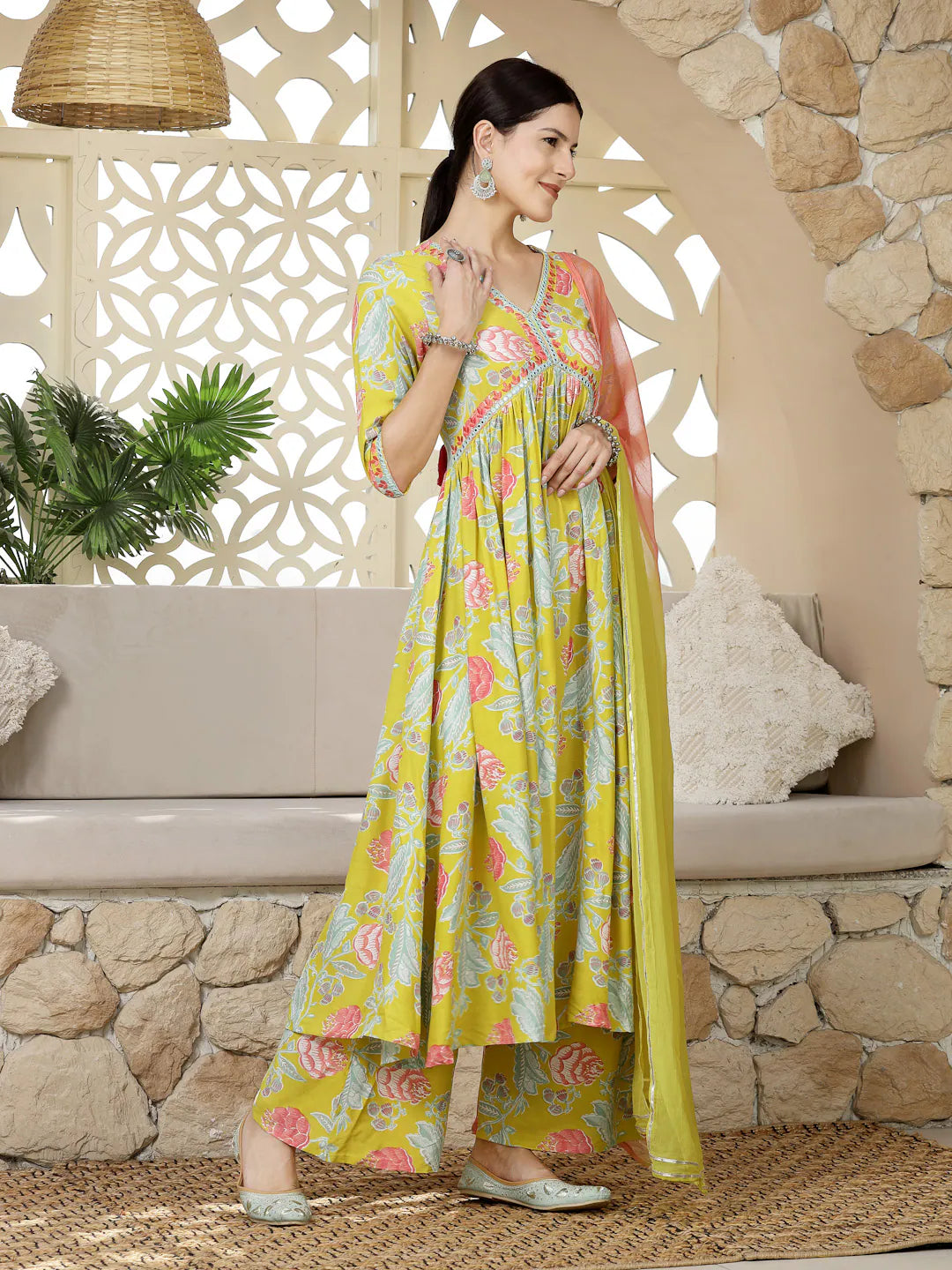 Yellow Floral Printed Alia Cut Women's Kurta Set with Dupatta