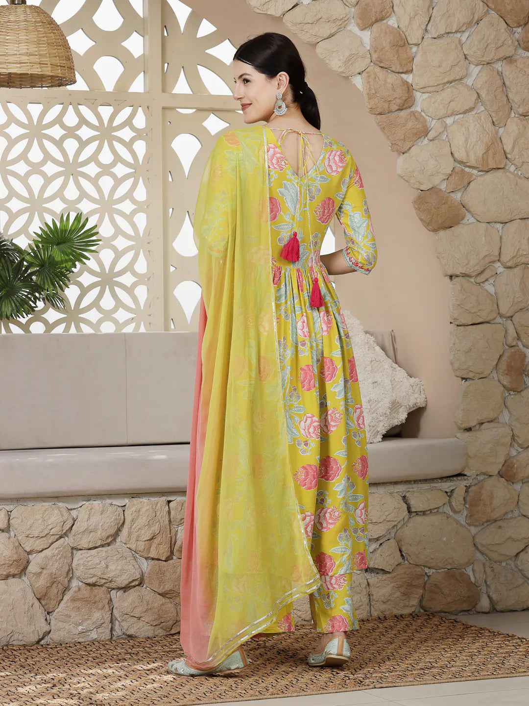 Yellow Floral Printed Alia Cut Women's Kurta Set with Dupatta