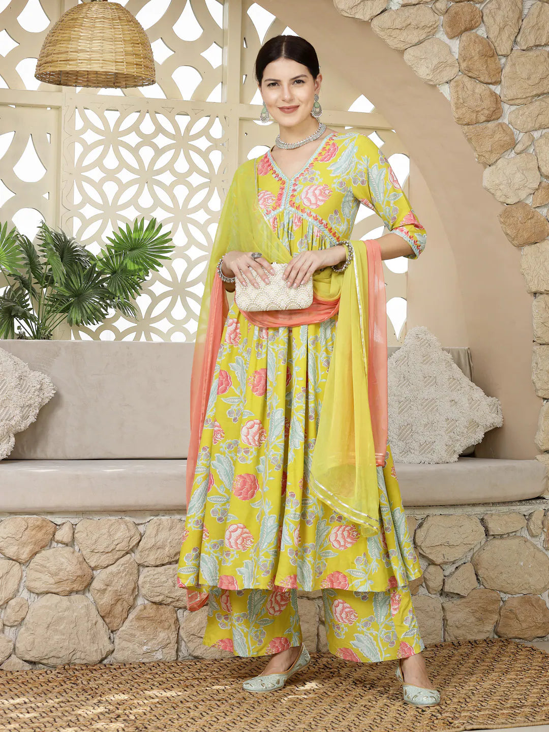 Yellow Floral Printed Alia Cut Women's Kurta Set with Dupatta