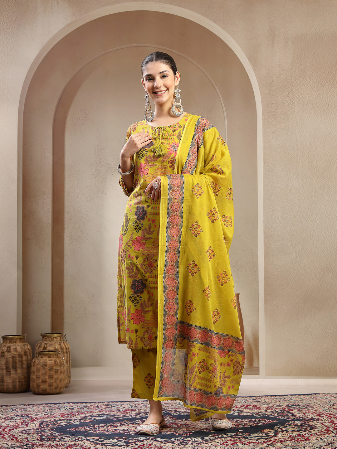 Women's Yellow Floral Printed Cotton Straight Kurta Pant Dupatta Set (