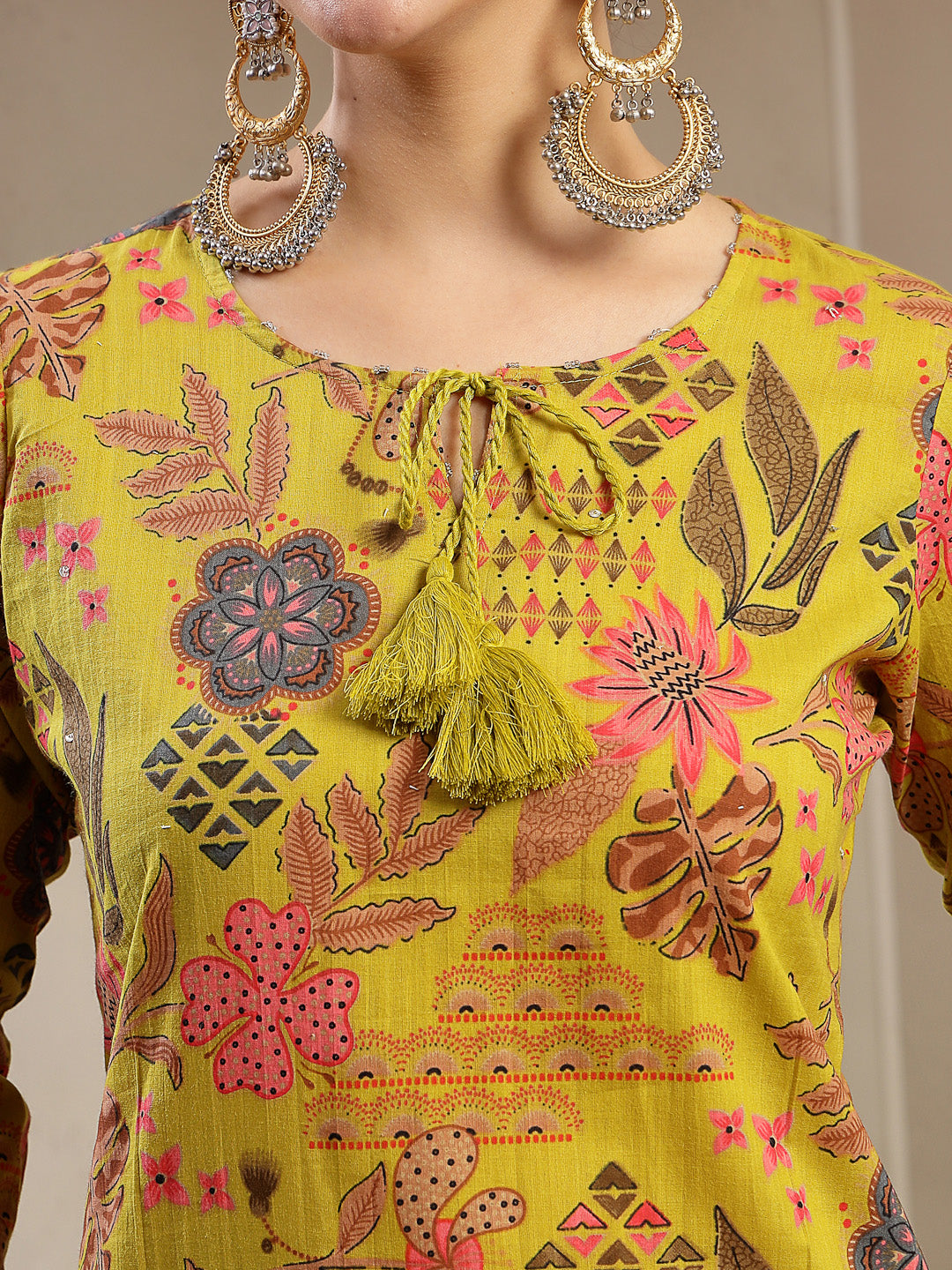 Women's Yellow Floral Printed Cotton Straight Kurta Pant Dupatta Set (
