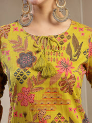 Stylum Women's Yellow Floral Printed Cotton Straight Kurta Pant Dupatta Set (KPDYELLOWYAMIR)