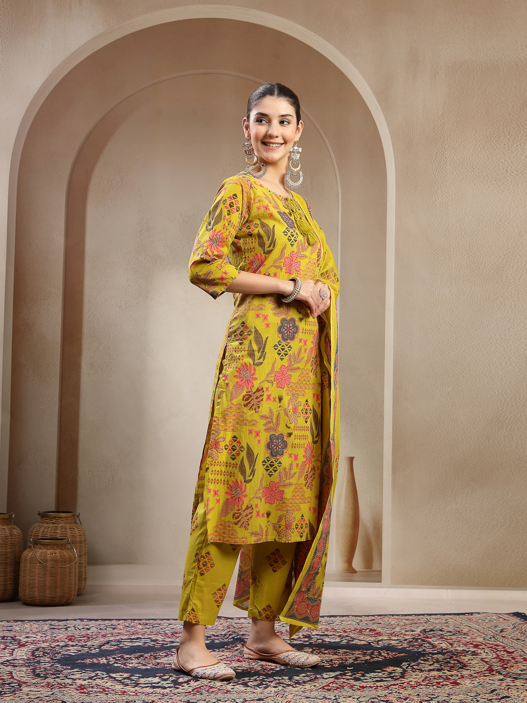 Women's Yellow Floral Printed Cotton Straight Kurta Pant Dupatta Set (