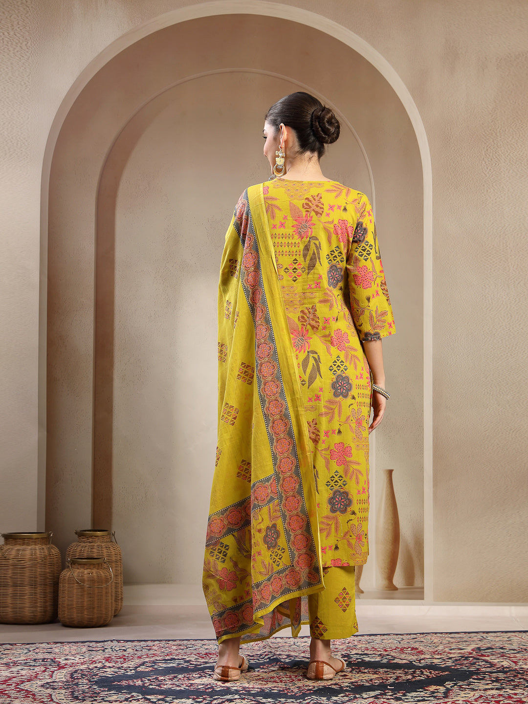Women's Yellow Floral Printed Cotton Straight Kurta Pant Dupatta Set (