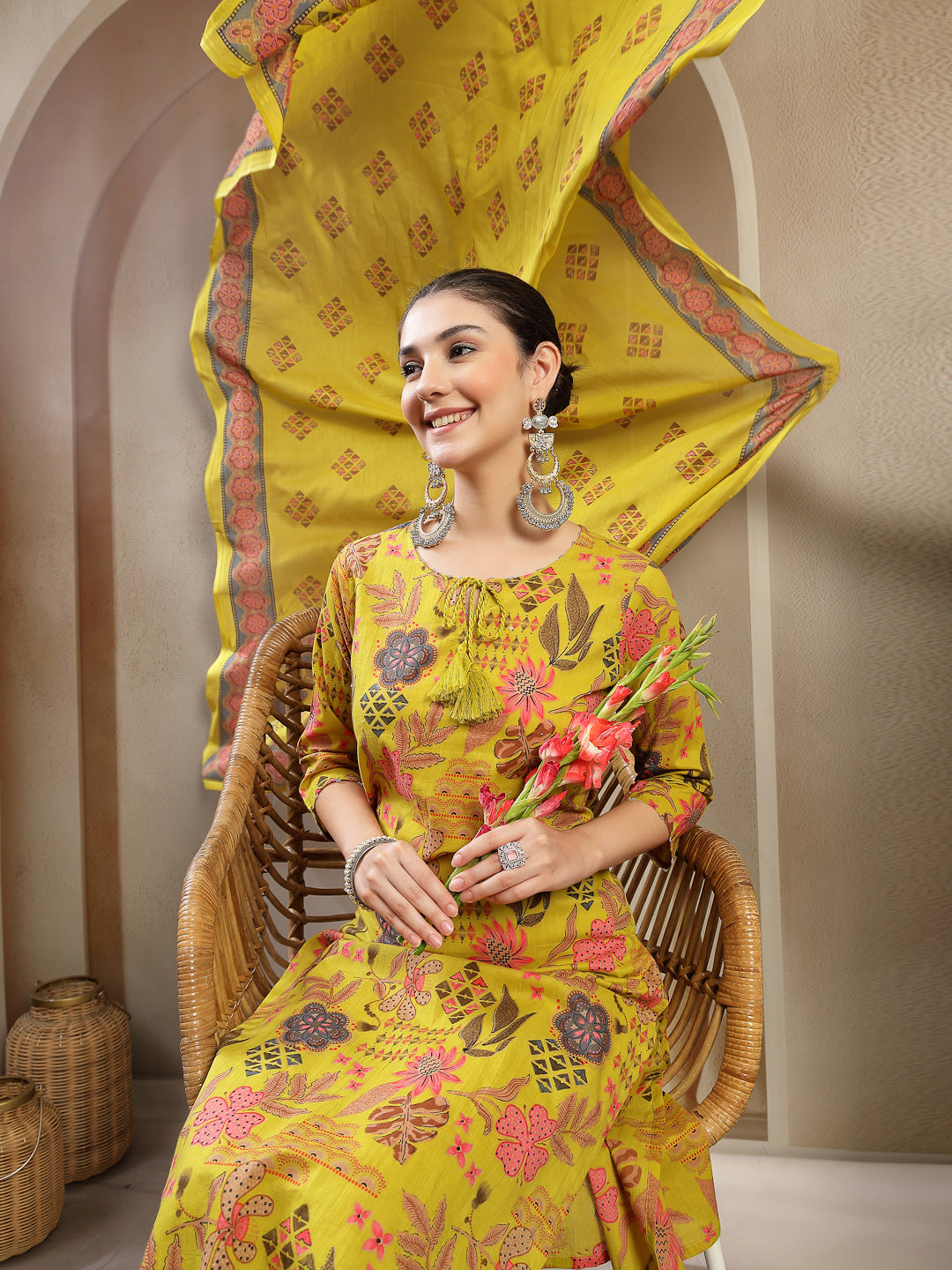 Women's Yellow Floral Printed Cotton Straight Kurta Pant Dupatta Set (