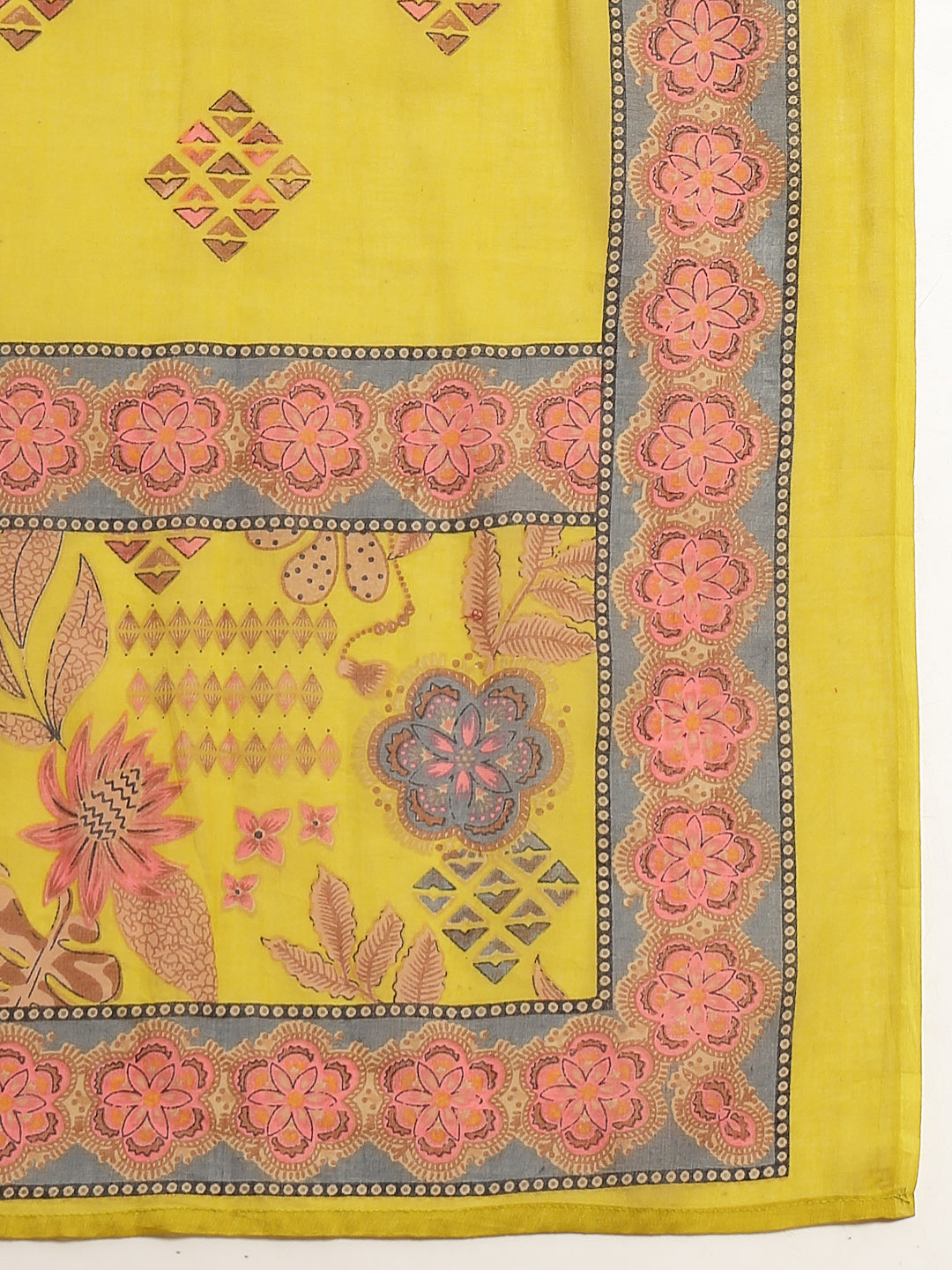 Women's Yellow Floral Printed Cotton Straight Kurta Pant Dupatta Set (
