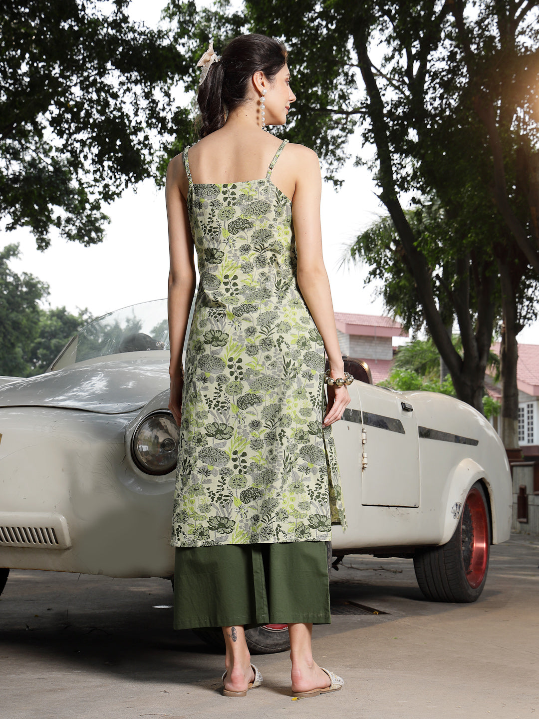 Women's Green Floral Printed Cotton Straight Kurta Palazzo Set (KPGREE