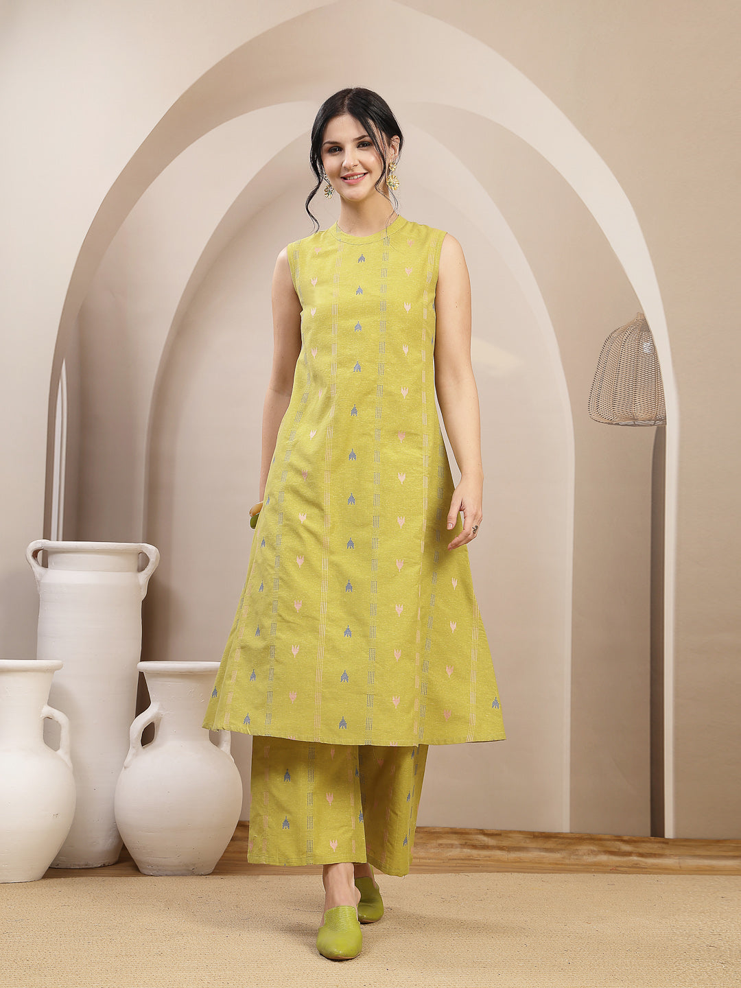 Stylum Women's Green Woven Design Kantha Cotton A-Line Kurta Palazzo Set (KPGREENLOKHA)