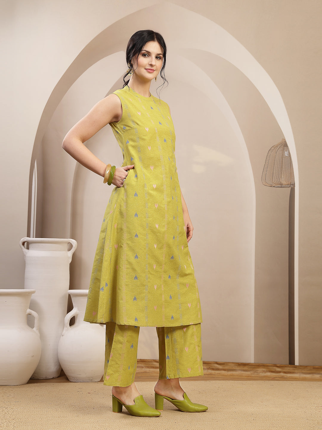Stylum Women's Green Woven Design Kantha Cotton A-Line Kurta Palazzo Set (KPGREENLOKHA)
