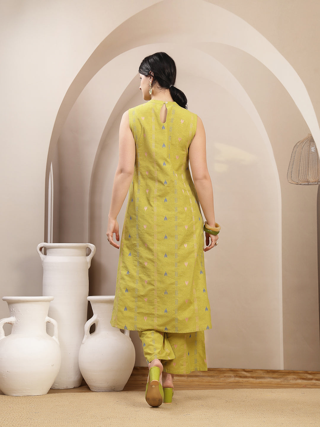 Stylum Women's Green Woven Design Kantha Cotton A-Line Kurta Palazzo Set (KPGREENLOKHA)