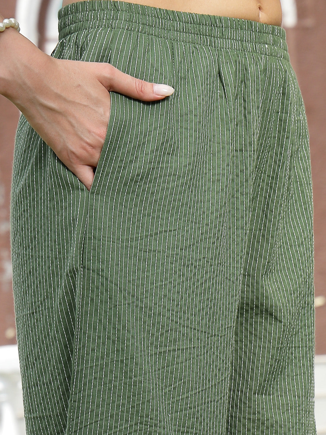 Women's Green Woven Design Cotton Straight Kurta Palazzo Set (KPGREENV