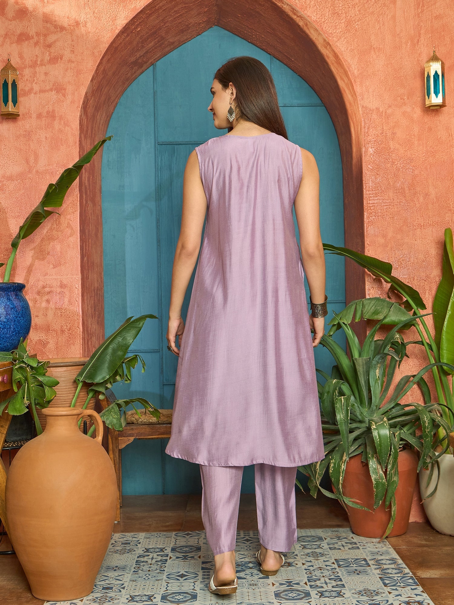 Women's Lilac Solid & Embroidered Poly Silk A-line Kurta Pant Set (KPL