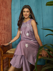Stylum Women's Lilac Solid & Embroidered Poly Silk A-line Kurta Pant Set (KPLILACDHANI)
