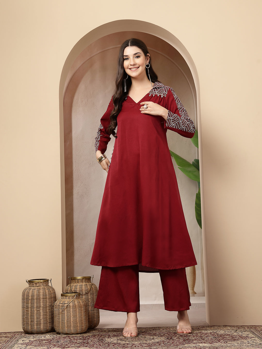 Women's Maroon Solid Crepe A-Line Kurta Pant Set (KPMAROONKOTA) | Desi