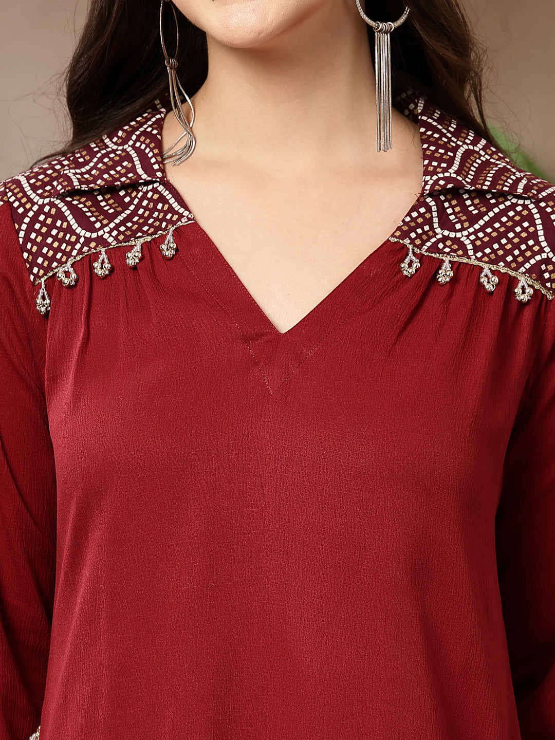 Women's Maroon Solid Crepe A-Line Kurta Pant Set (KPMAROONKOTA) | Desi