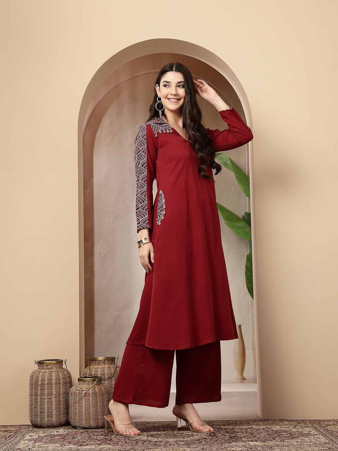 Women's Maroon Solid Crepe A-Line Kurta Pant Set (KPMAROONKOTA) | Desi