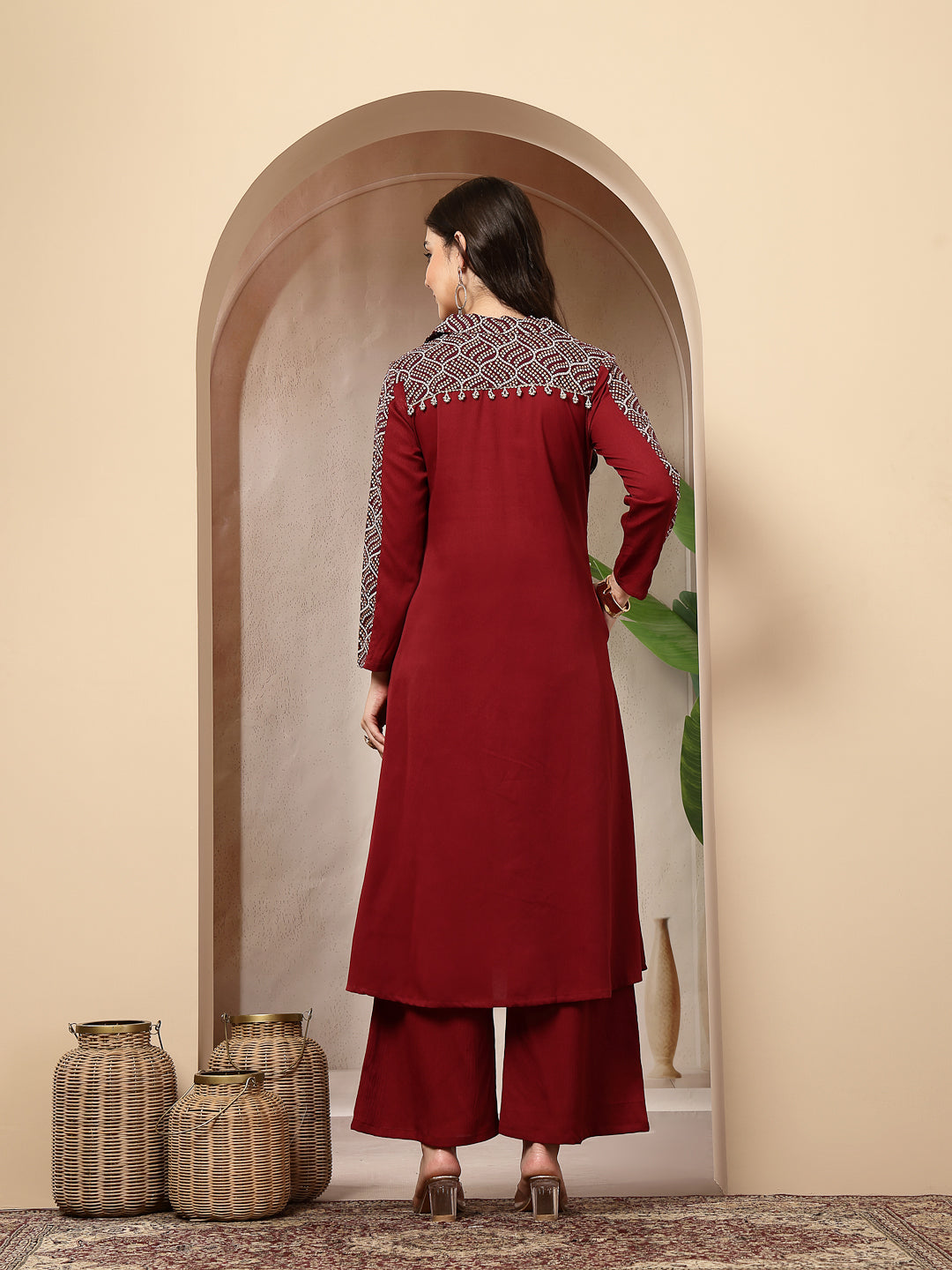 Women's Maroon Solid Crepe A-Line Kurta Pant Set (KPMAROONKOTA) | Desi