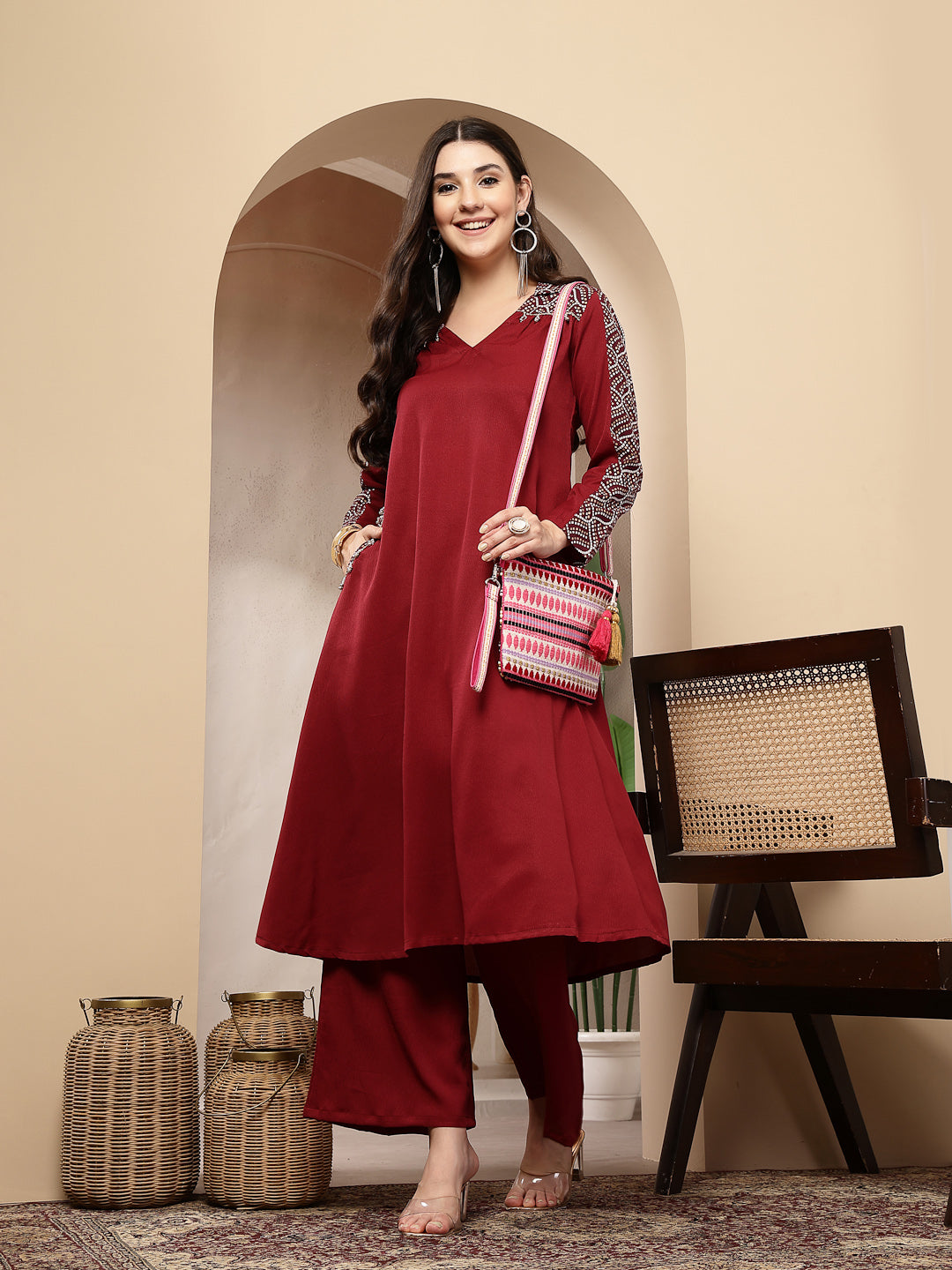 Women's Maroon Solid Crepe A-Line Kurta Pant Set (KPMAROONKOTA) | Desi