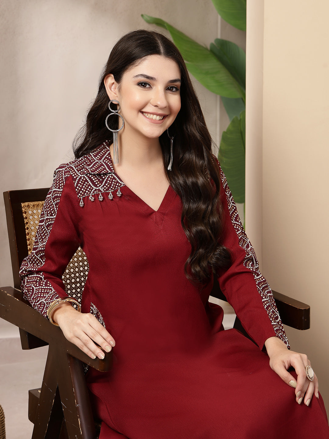Women's Maroon Solid Crepe A-Line Kurta Pant Set (KPMAROONKOTA) | Desi