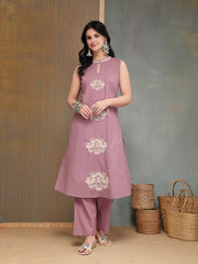 Stylum Women's Mauve Solid & Embroidered Cotton A-Line Kurta Pant Set (KPMAUVECIPLA)