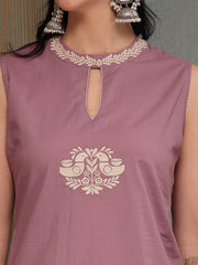 Stylum Women's Mauve Solid & Embroidered Cotton A-Line Kurta Pant Set (KPMAUVECIPLA)