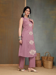 Stylum Women's Mauve Solid & Embroidered Cotton A-Line Kurta Pant Set (KPMAUVECIPLA)