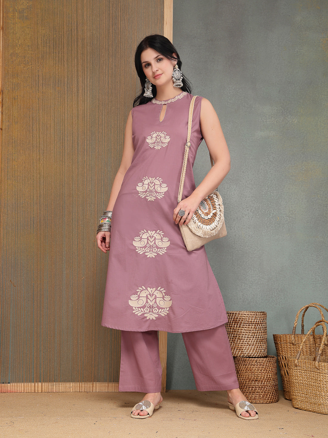 Women's Mauve Solid & Embroidered Cotton A-Line Kurta Pant Set (KPMAUV