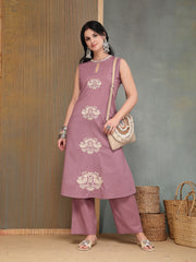 Stylum Women's Mauve Solid & Embroidered Cotton A-Line Kurta Pant Set (KPMAUVECIPLA)