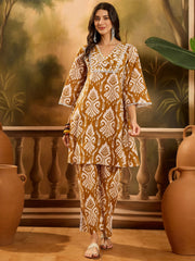 Stylum Women's Mustard Ikat Printed Cotton A-Line Kurta Pant Set (KPMUSTARDPOLLY)