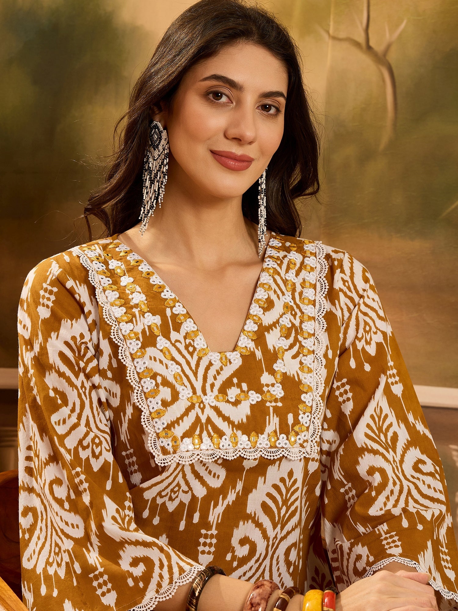 Women's Mustard Ikat Printed Cotton A-Line Kurta Pant Set (KPMUSTARDPO