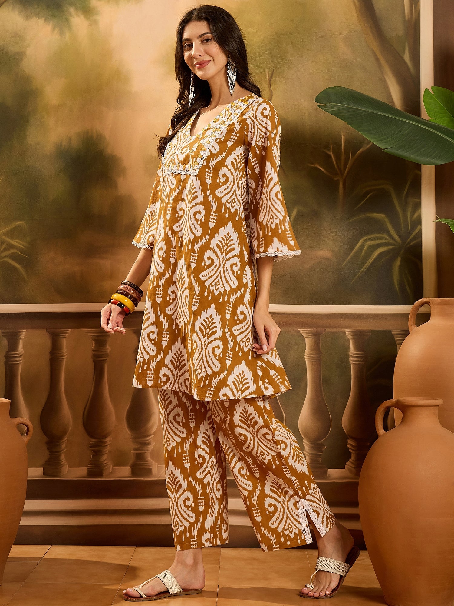 Women's Mustard Ikat Printed Cotton A-Line Kurta Pant Set (KPMUSTARDPO