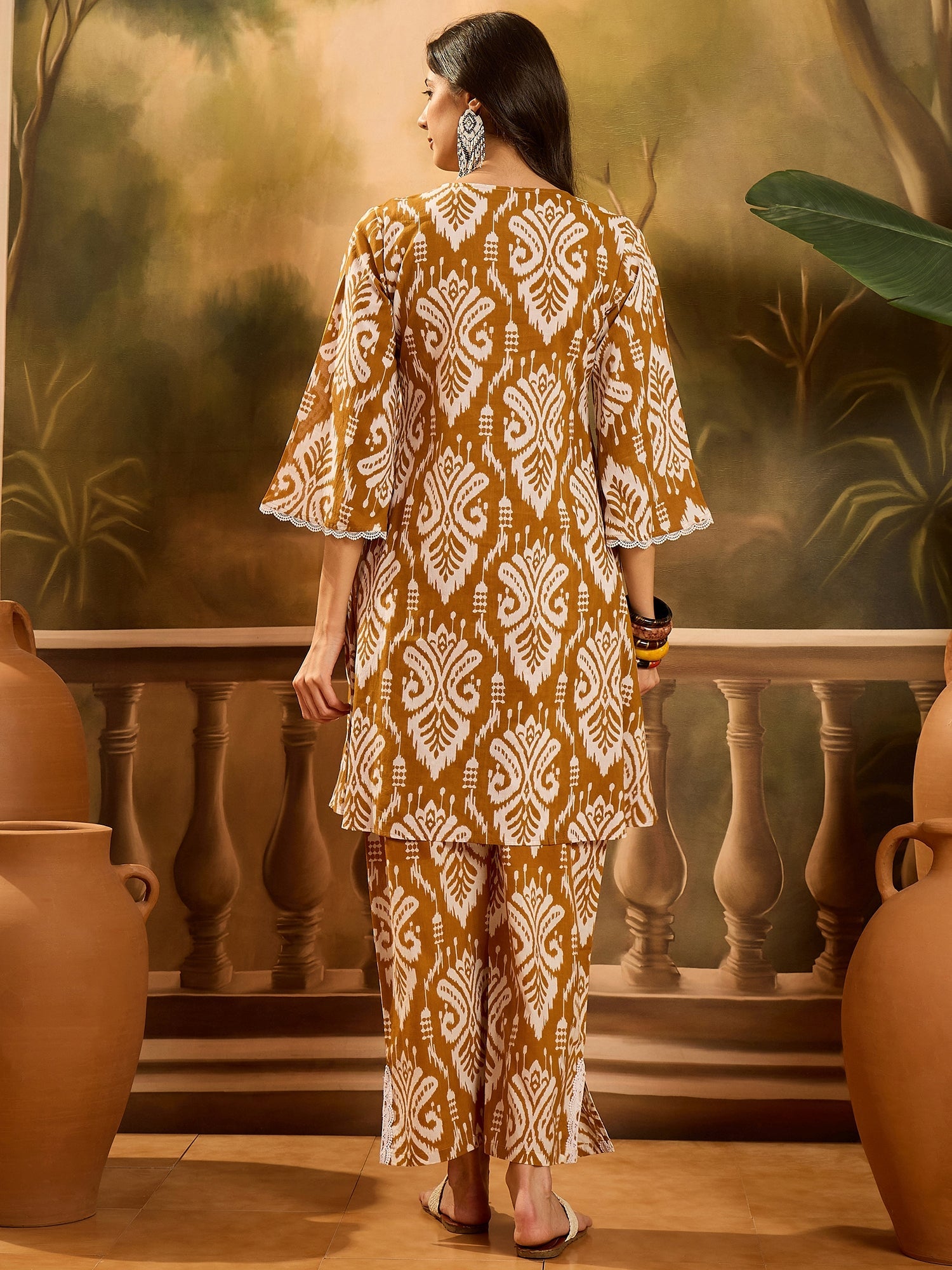 Women's Mustard Ikat Printed Cotton A-Line Kurta Pant Set (KPMUSTARDPO