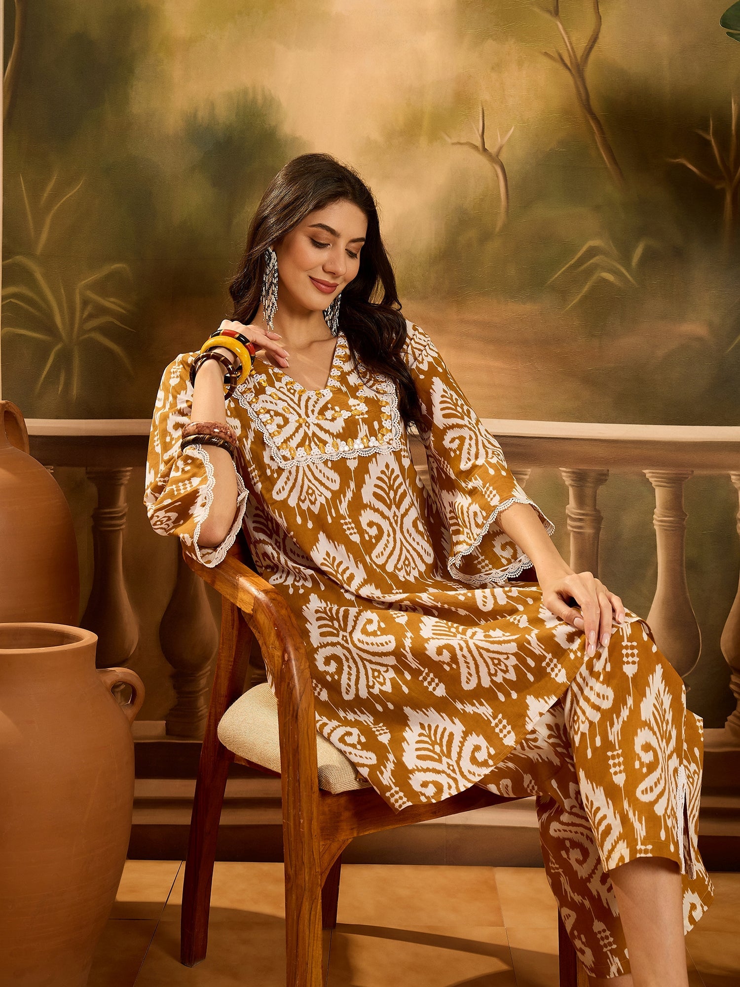 Women's Mustard Ikat Printed Cotton A-Line Kurta Pant Set (KPMUSTARDPO
